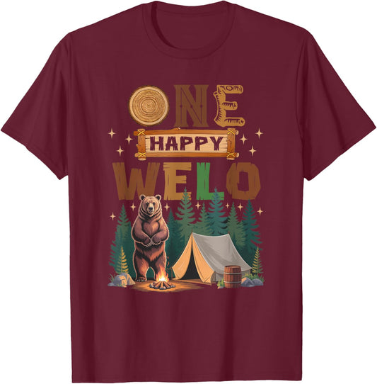 One Happy Welo Camper 1St Birthday Camping Bear T-Shirt - T-Shirt | Maroon