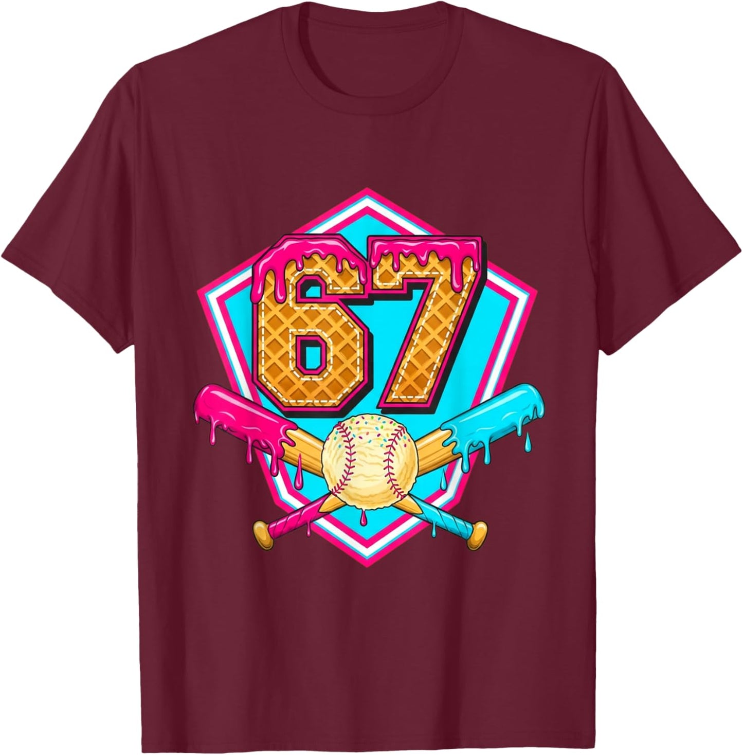Baseball Drip Jersey Number 67 for Players & 67th Birthday T-Shirt - T-Shirt | Maroon