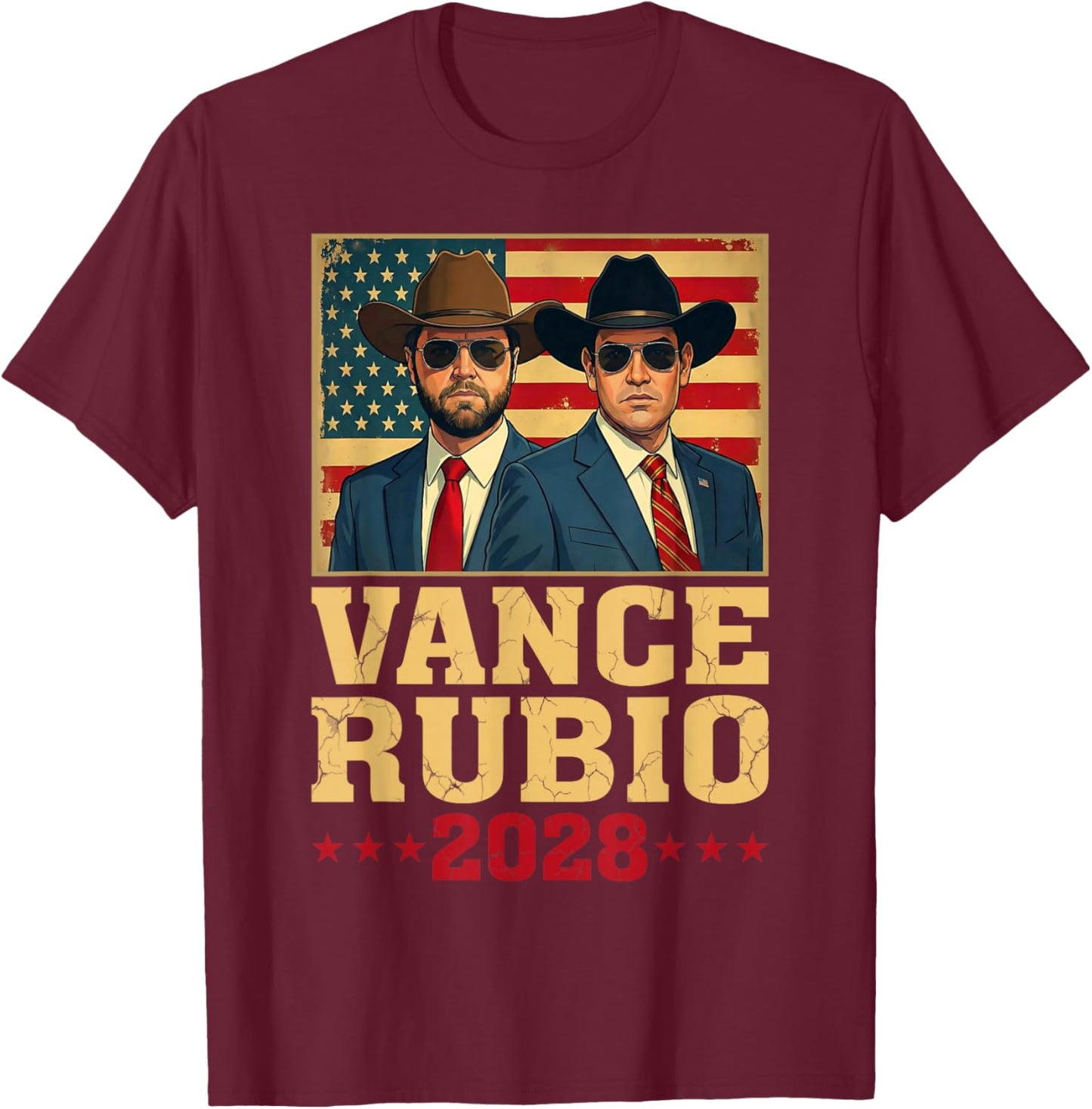 Vance Rubio 2028 President JD Vance Marco Rubio USA Flag T-Shirt - T-Shirt | Maroon