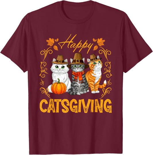 Funny Catsgiving Thanksgiving Cats Pilgrim Fall Holiday T-Shirt - T-Shirt | Maroon