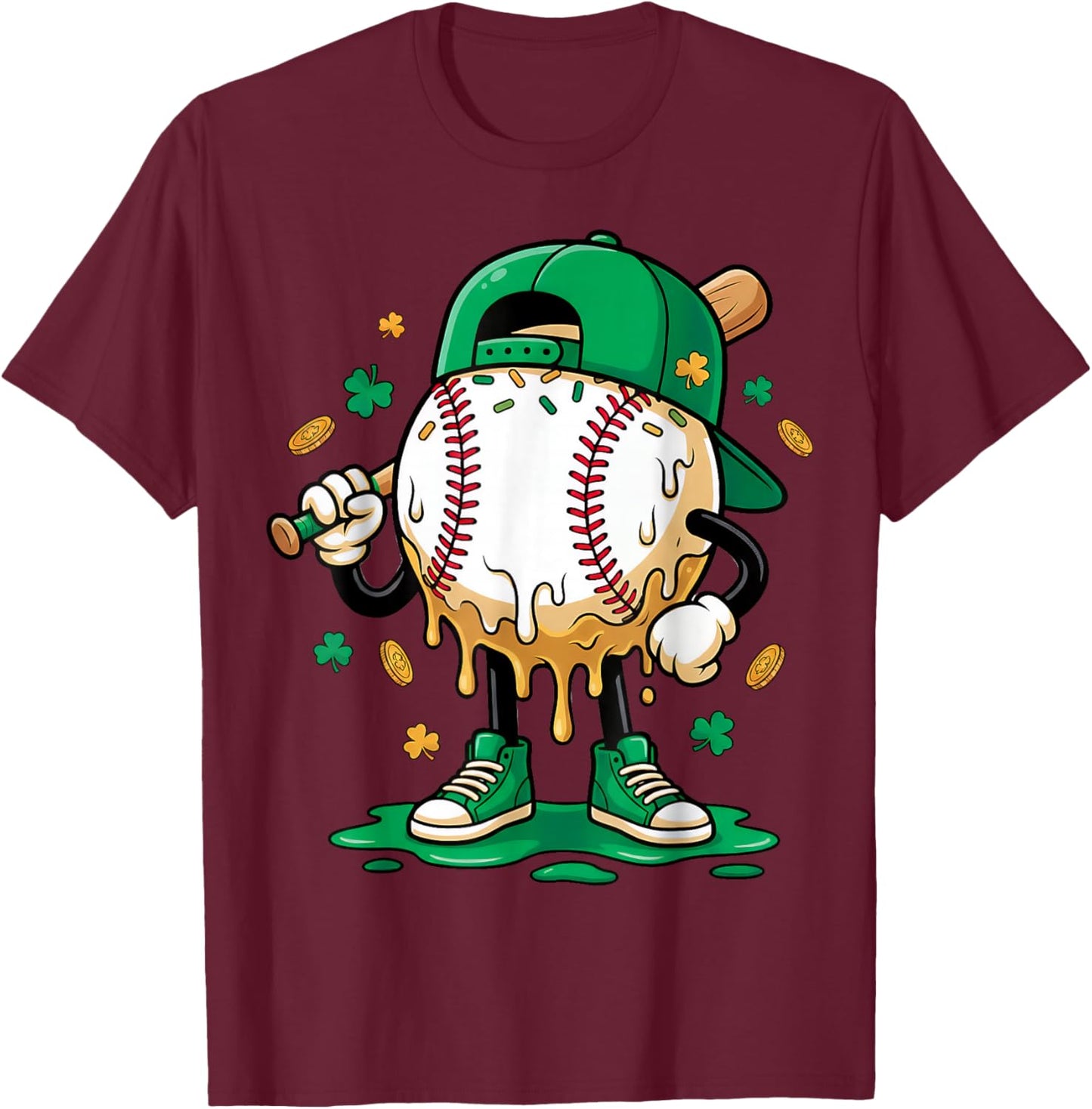Baseball Drip Ice Cream Shamrock Style Saint Patrick’s Day T-Shirt - T-Shirt | Maroon