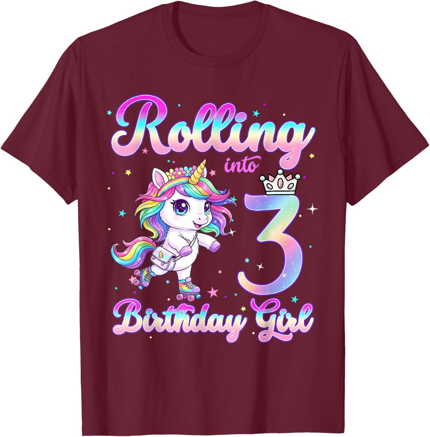 Kids Rolling Into 3 Roller Skating 3rd Birthday Unicorn Girl T-Shirt - T-Shirt | Maroon