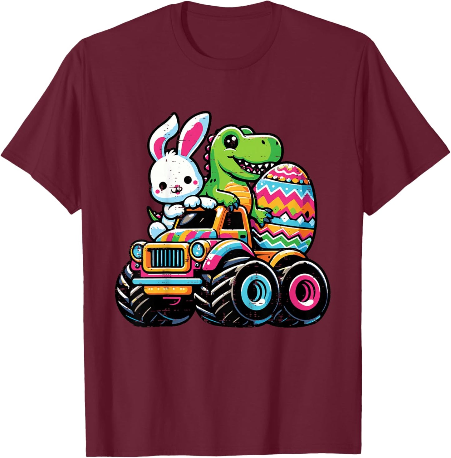 Kids Easter Bunny Dino On Truck Egg Toddler Boys Kids Youth T-Shirt - T-Shirt | Maroon