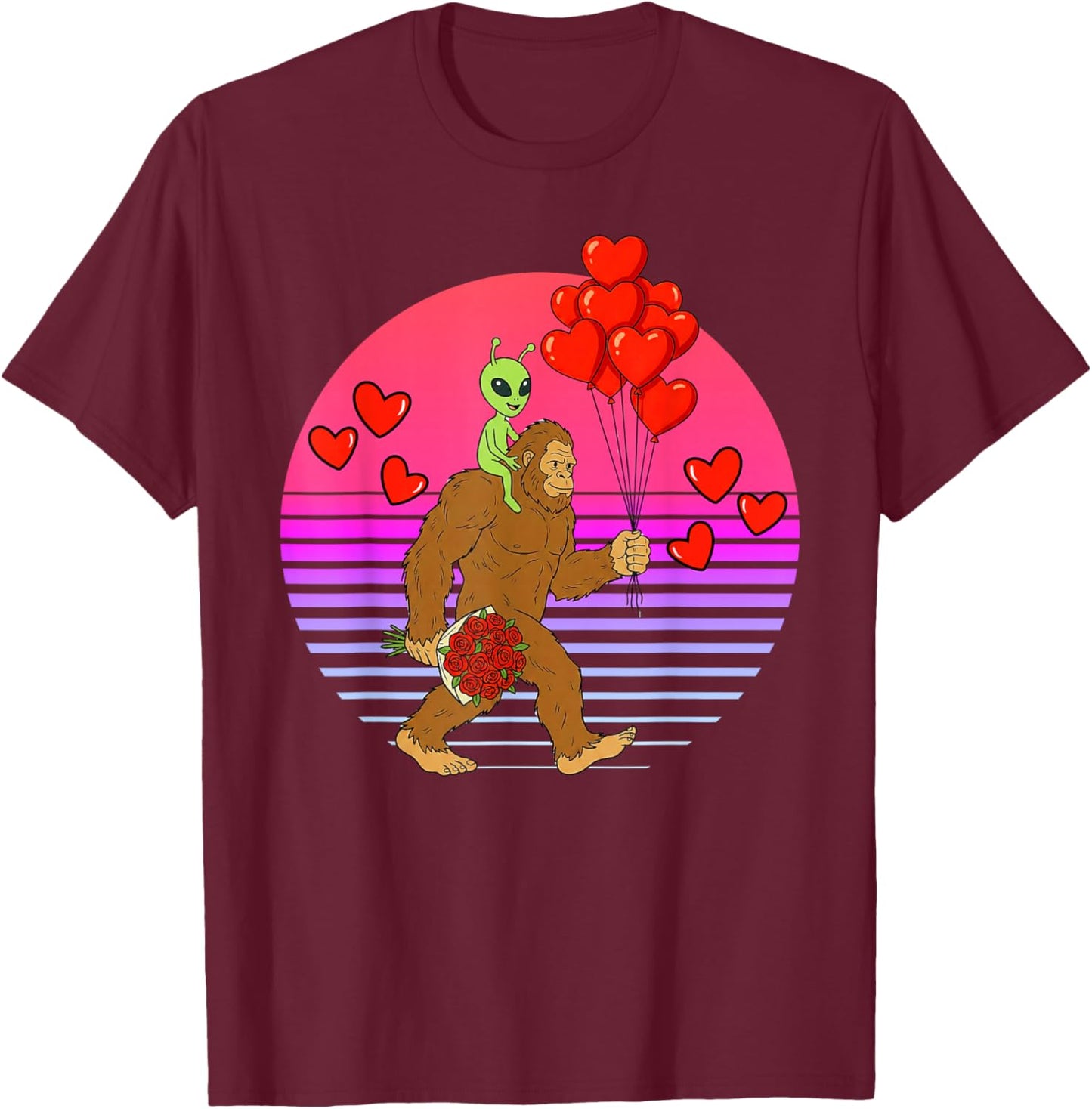 Funny Valentines Day Bigfoot Alien Sasquatch Men Boys Kids T-Shirt - T-Shirt | Maroon