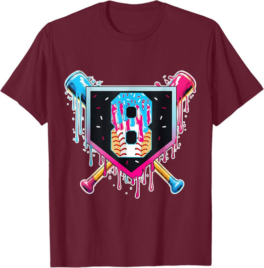 Baseball 8 Year Old Boy Ice Cream Drip 8th Birthday Player T-Shirt - T-Shirt | Maroon