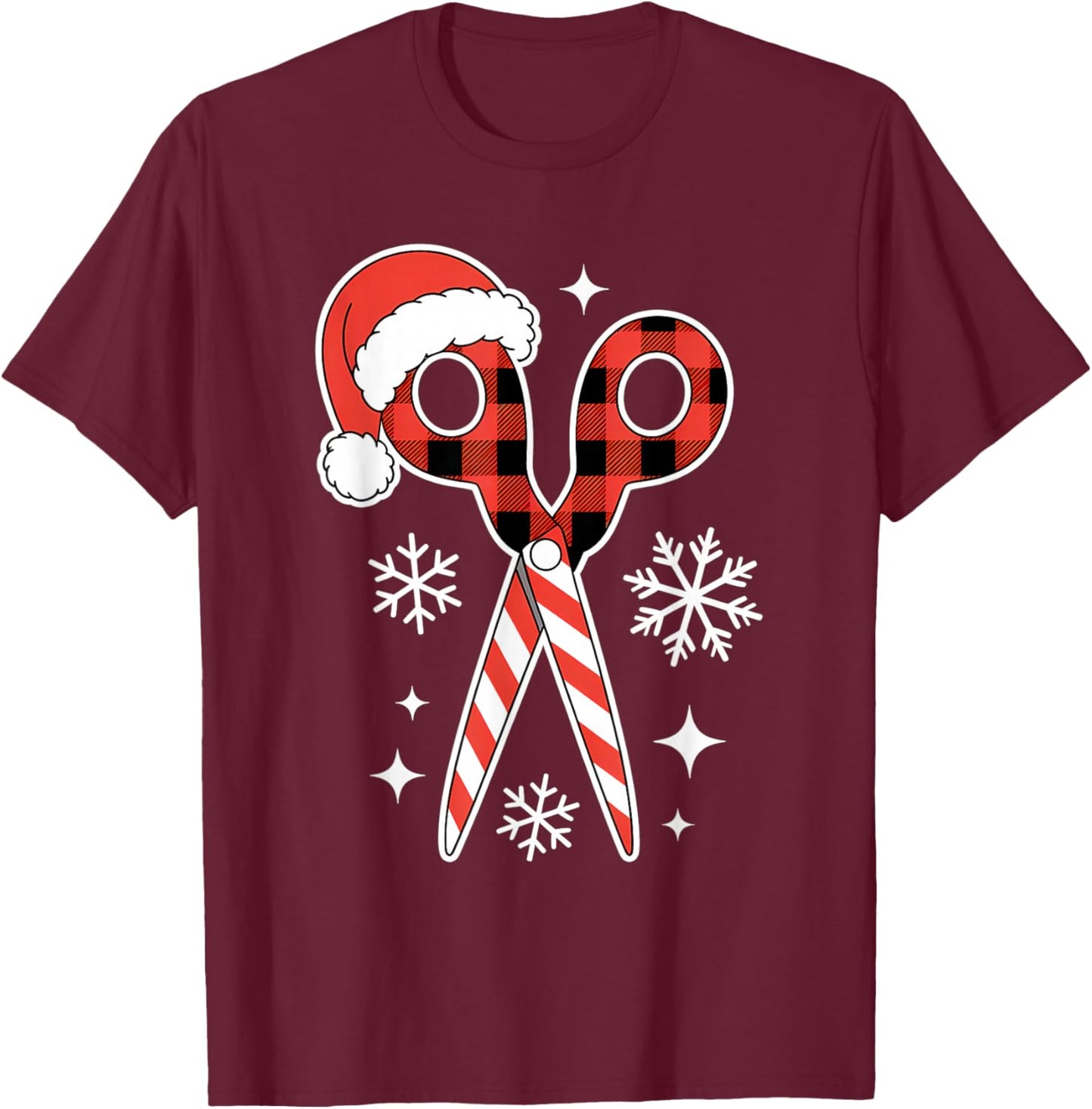 Christmas Buffalo Plaid Scissors with Santa Hat Men Women T-Shirt - T-Shirt | Maroon