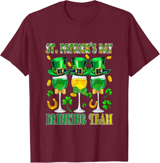 Drinking Funny Team St. Patrick's Day Wine Glasses Shamrocks T-Shirt - T-Shirt | Maroon