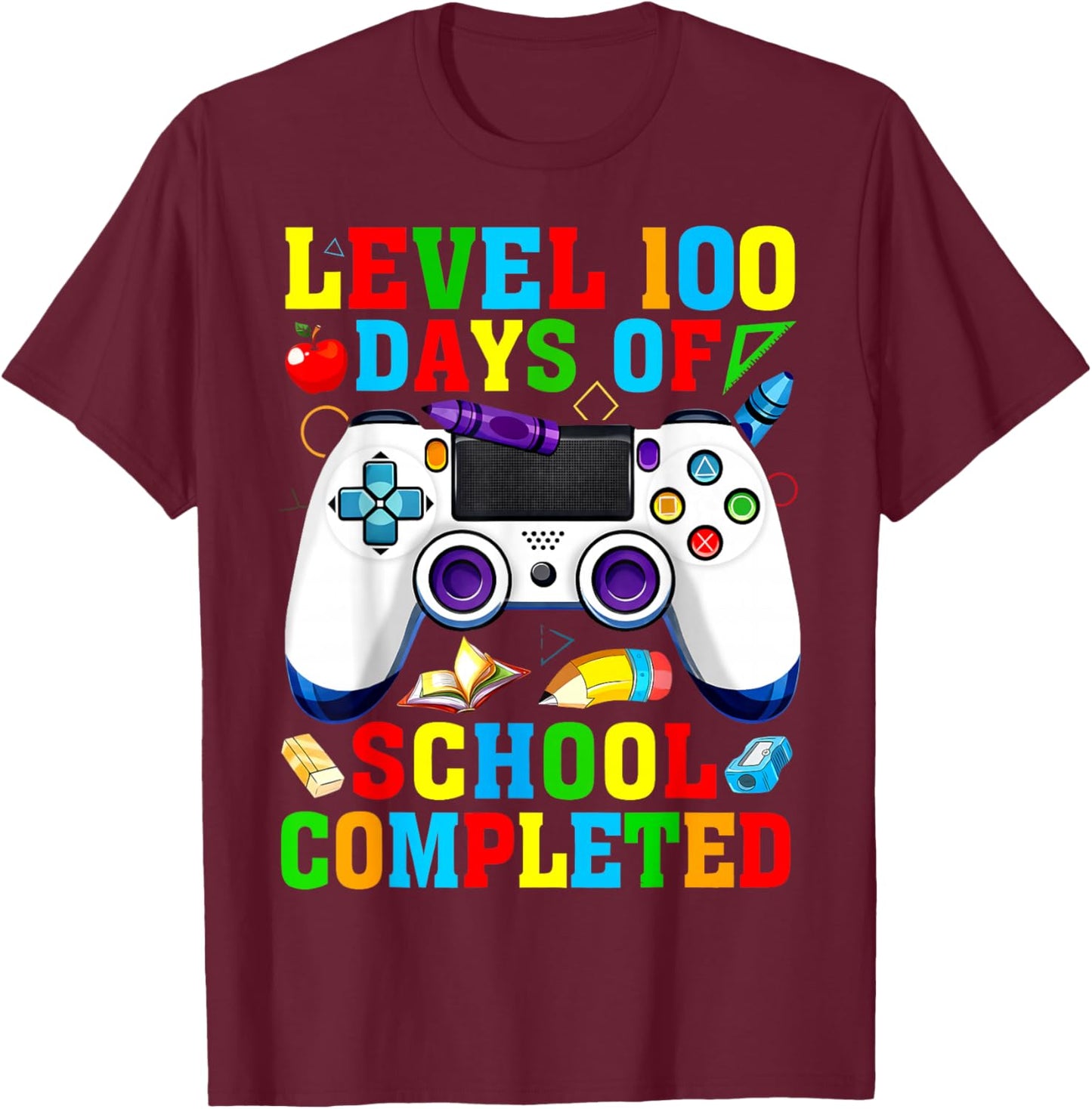 Level 100 Days of School Completed Video Game Controller T-Shirt - T-Shirt | Maroon