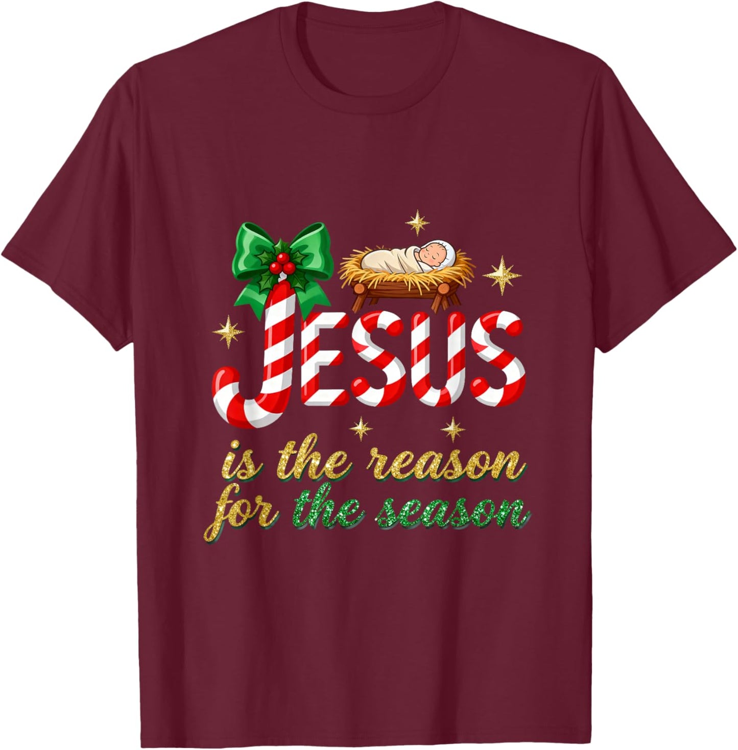 Jesus Xmas Christian Bow Bible The Reason for Season T-Shirt - T-Shirt | Maroon