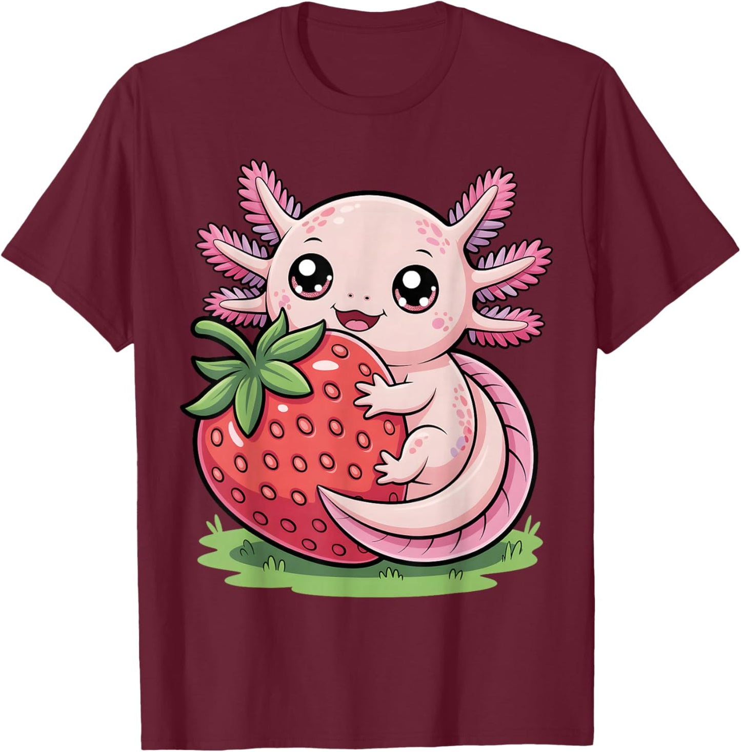 Cute Kawai Axolotl Strawberry Fruit Anime Girls Kid Toddler T-Shirt - T-Shirt | Maroon