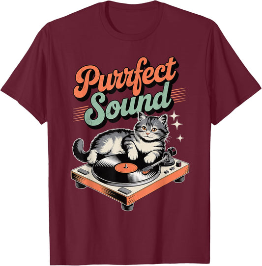 Purrfect Sound Funny Cat on Vinyl Record Player Music Lovers T-Shirt - T-Shirt | Maroon