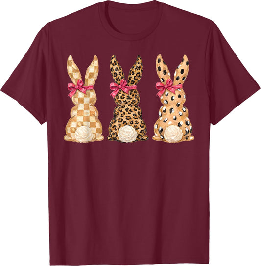 Trendy Easter Bunny Trio, Leopard Print Spring Coquette Art T-Shirt - T-Shirt | Maroon