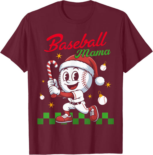 Baseball Mama Christmas Funny Santa Hat Xmas Softball Mom T-Shirt - T-Shirt | Maroon