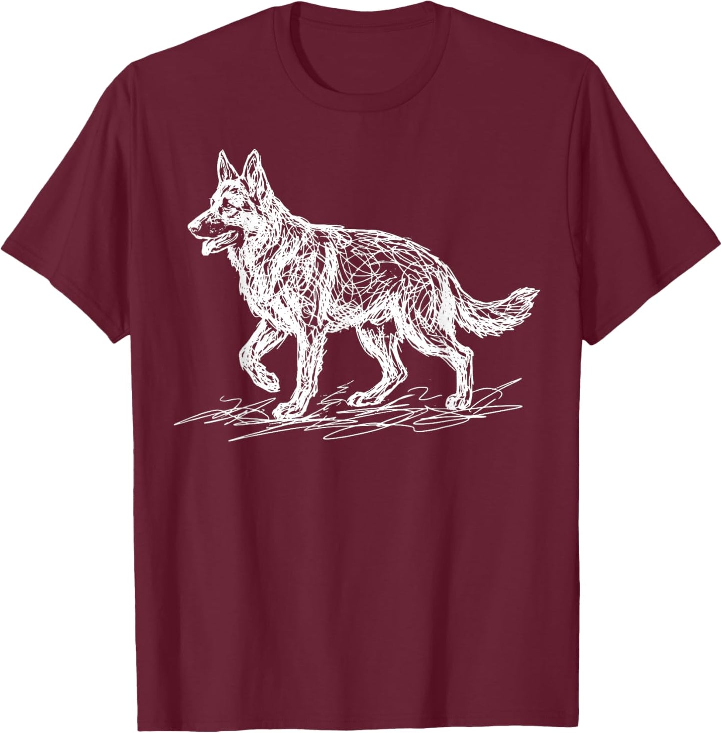 German Shepherd Line Art Drawing T-Shirt - T-Shirt | Maroon