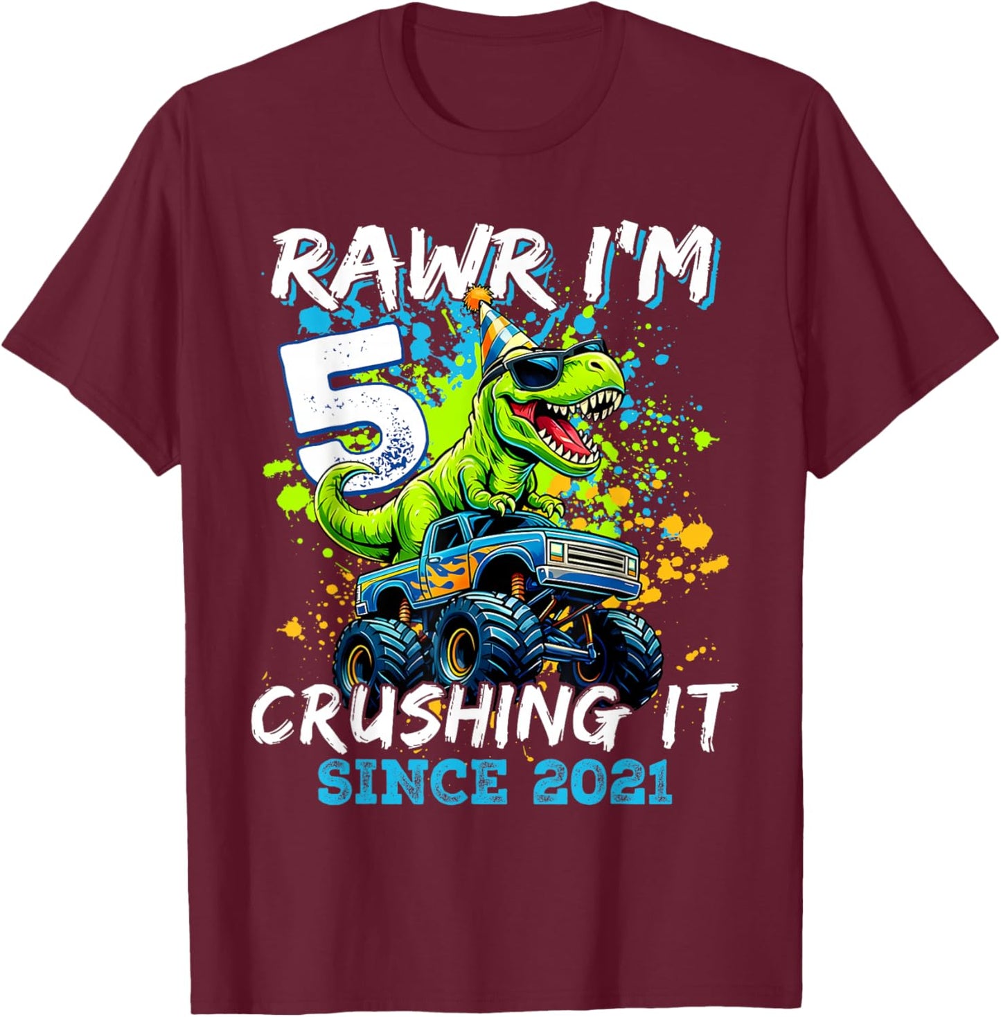 5th Birthday Monster Truck Dinosaur Party Boys Rawr I'm 5 T-Shirt - T-Shirt | Maroon