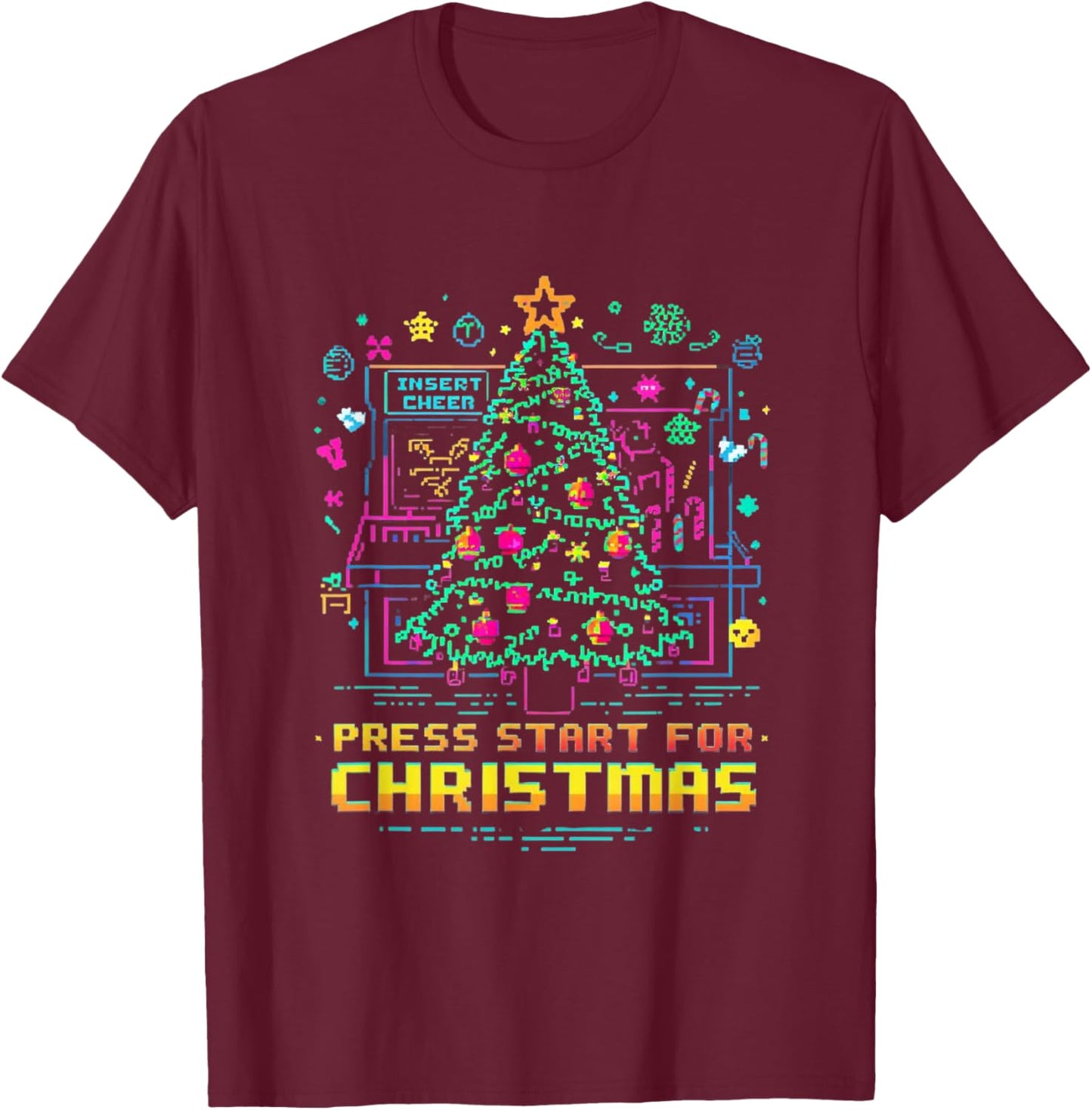Arcade Pixel Neon Xmas Retro Gamer T-Shirt - T-Shirt | Maroon
