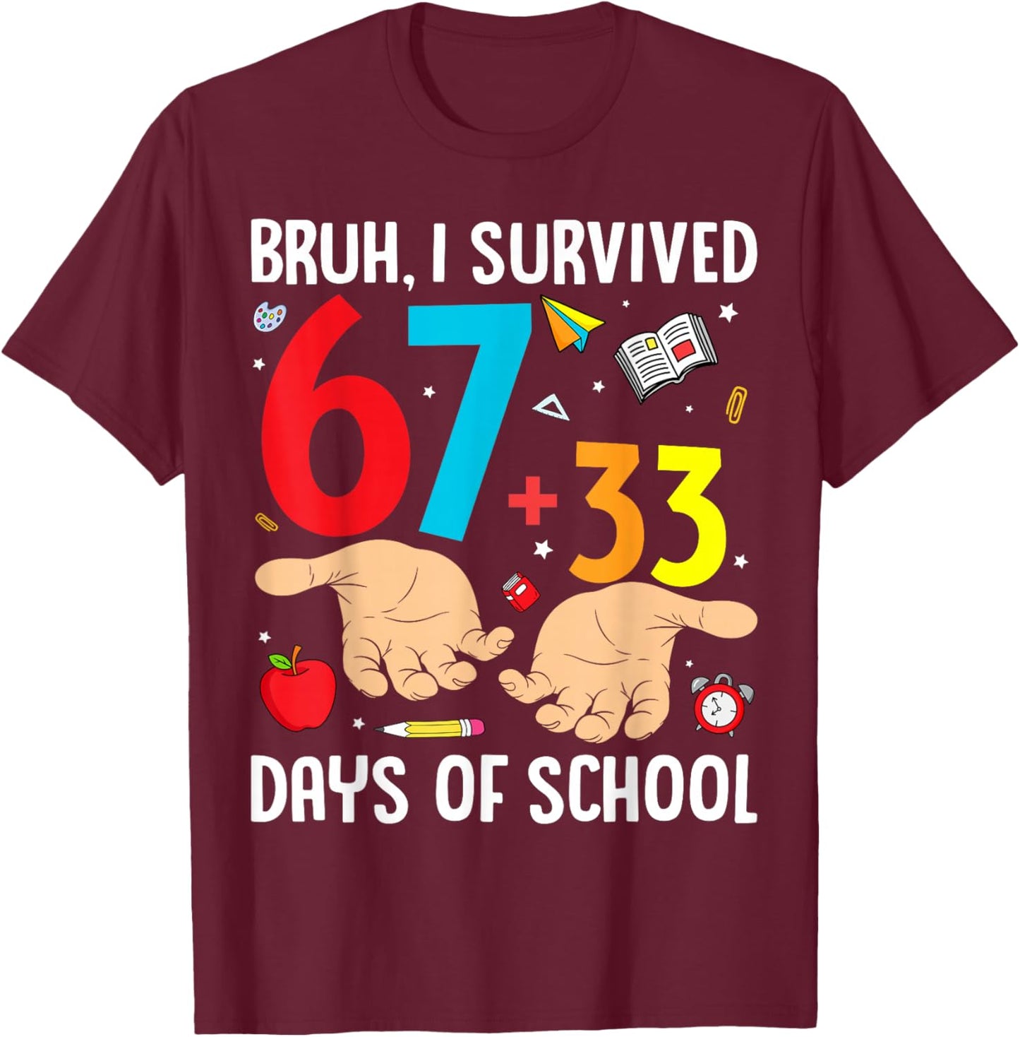 Bruh I Survived 67 33 Days of School Teachers Kids 100th Day T-Shirt - T-Shirt | Maroon
