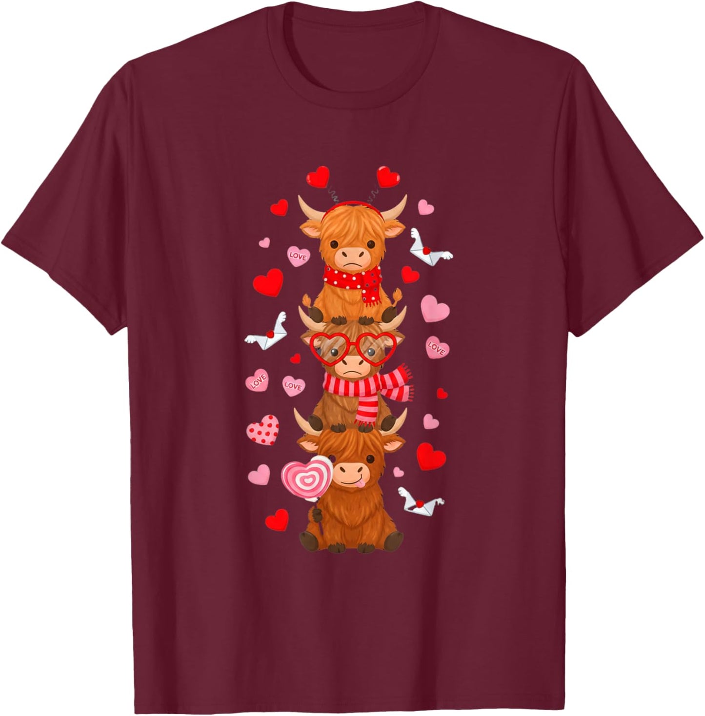 Cute Western Valentine Highland Cows with Heart Letter Women T-Shirt - T-Shirt | Maroon