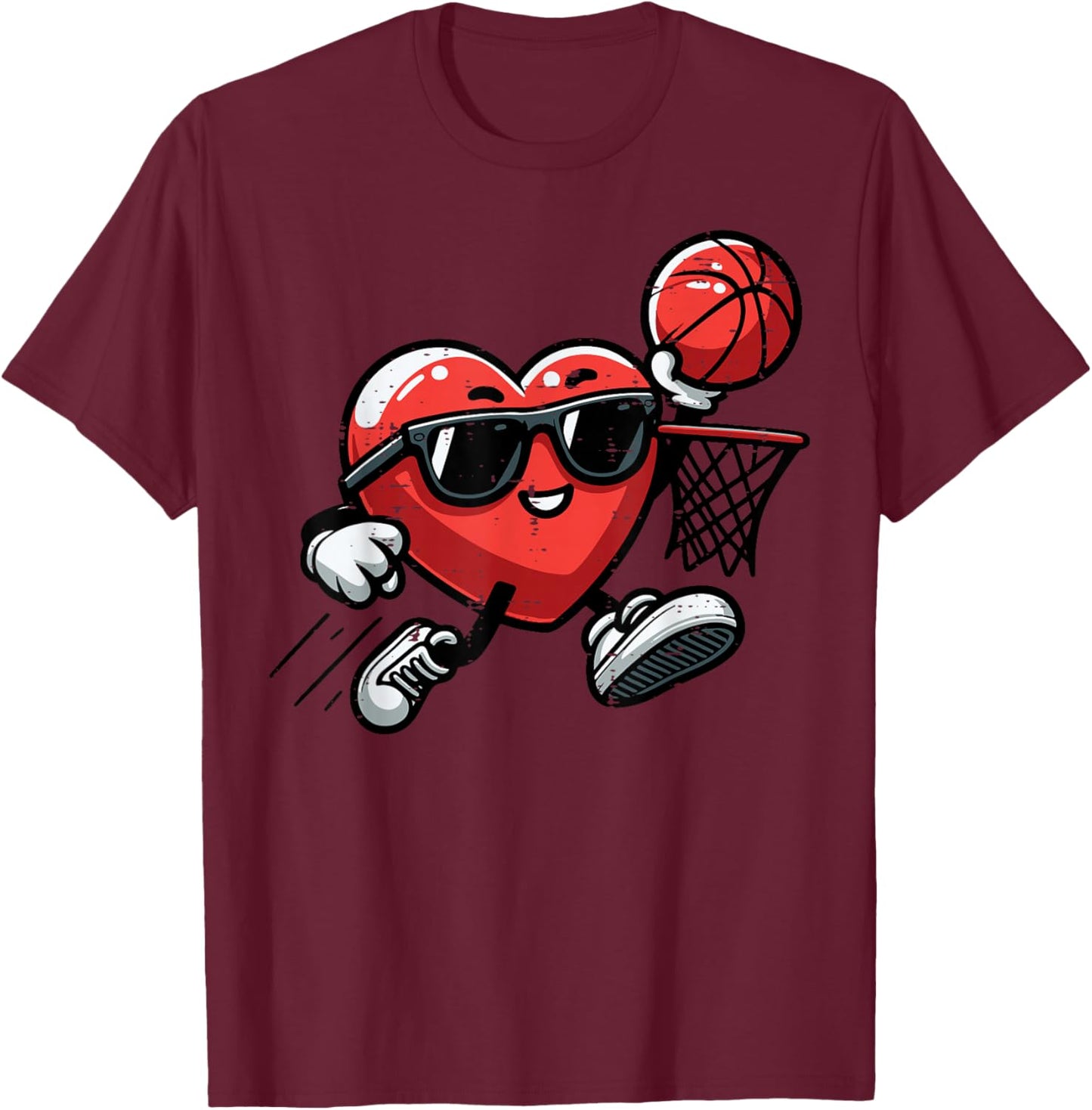 Valentines Day Basketball Heart Sunglasses Boys Kids Men T-Shirt - T-Shirt | Maroon