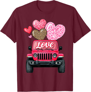 Valentine Love Truck Pink Off Road Leopard Print Hearts T-Shirt - T-Shirt | Maroon