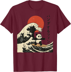 Panda Surfing Japanese Wave Great Wave T-Shirt - T-Shirt | Maroon