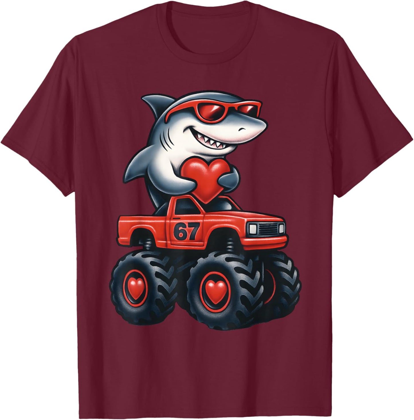 Valentines Day Shark Riding Truck Funny Toddler Boys Men T-Shirt - T-Shirt | Maroon