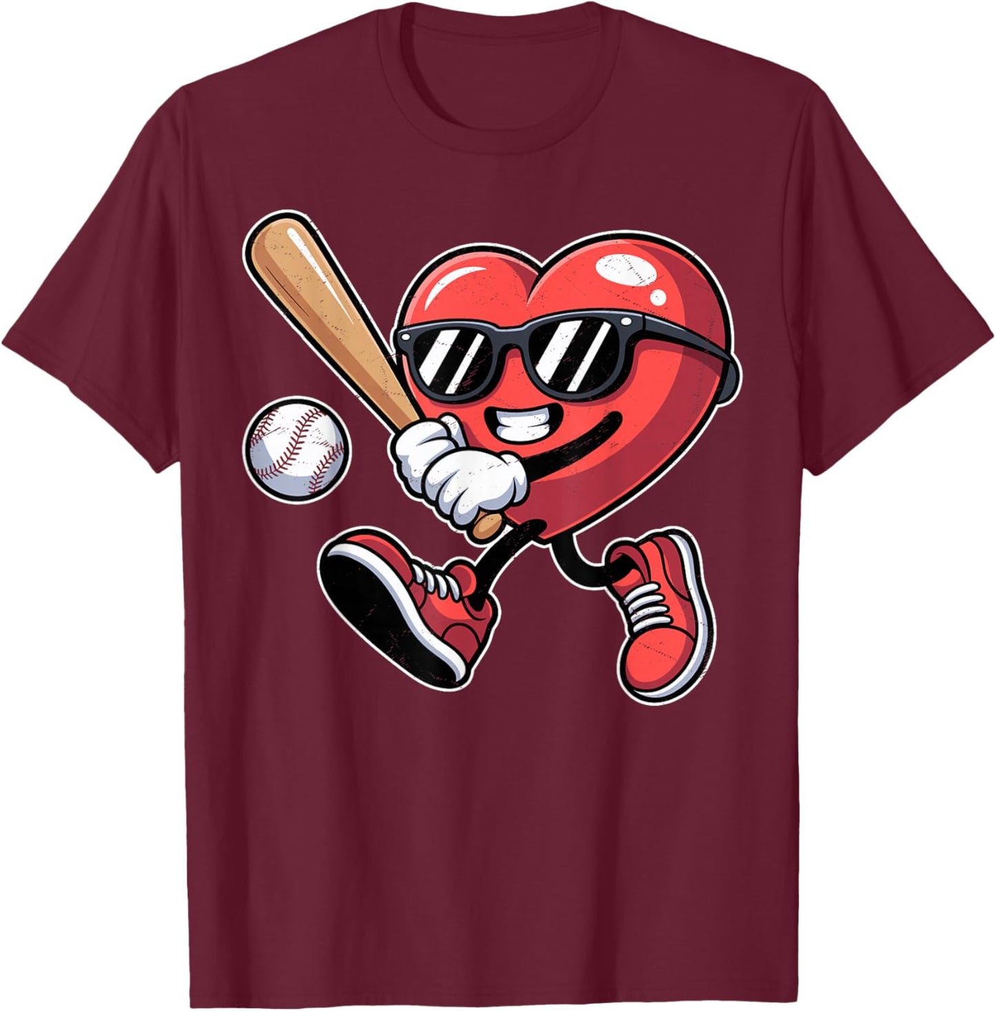 Valentines Day Heart Playing Baseball Boys Men Kids Girls T-Shirt - T-Shirt | Maroon