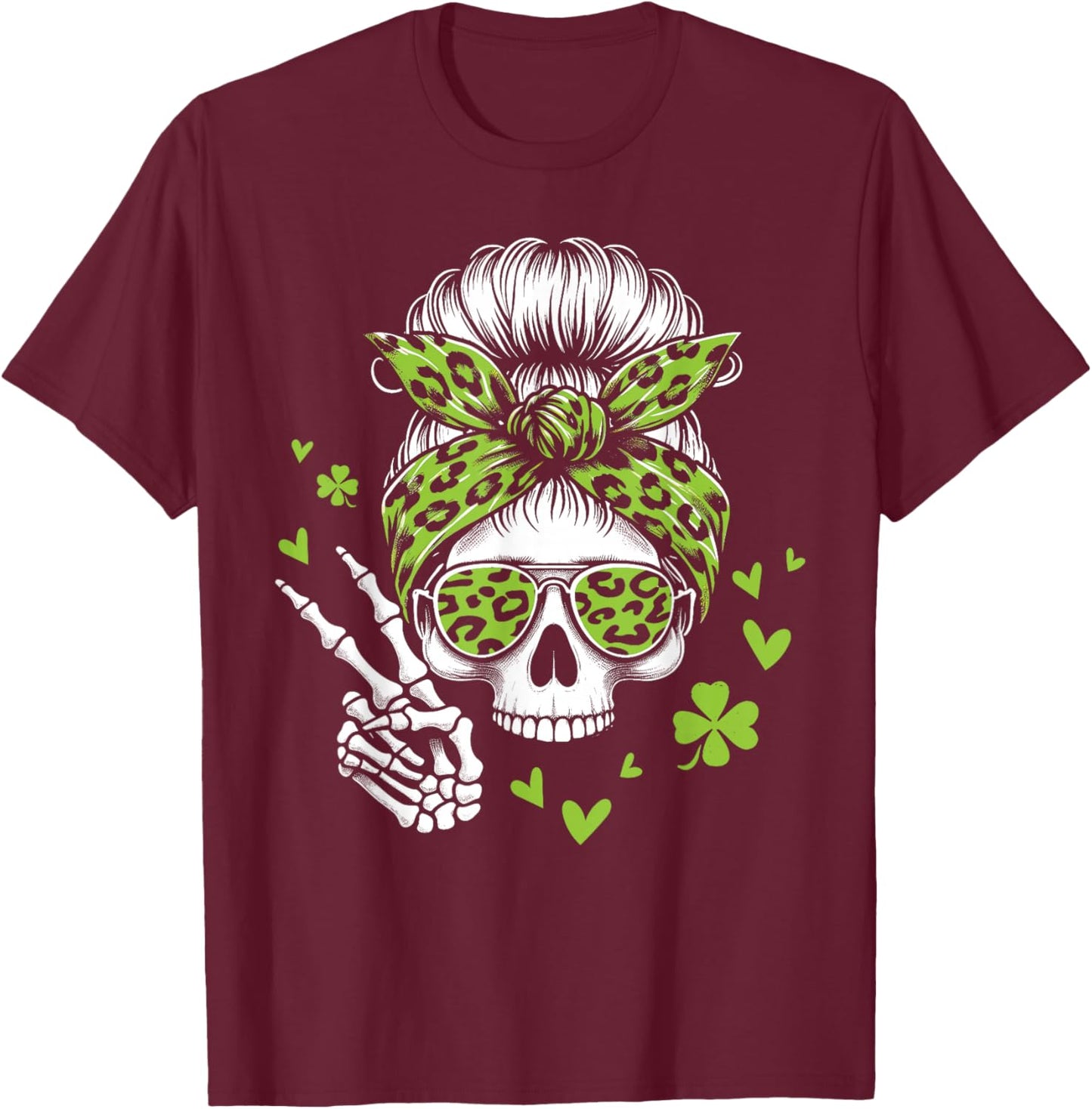 Skull St Patricks Day Shamrock Messy Hair Bun Irish Women T-Shirt - T-Shirt | Maroon