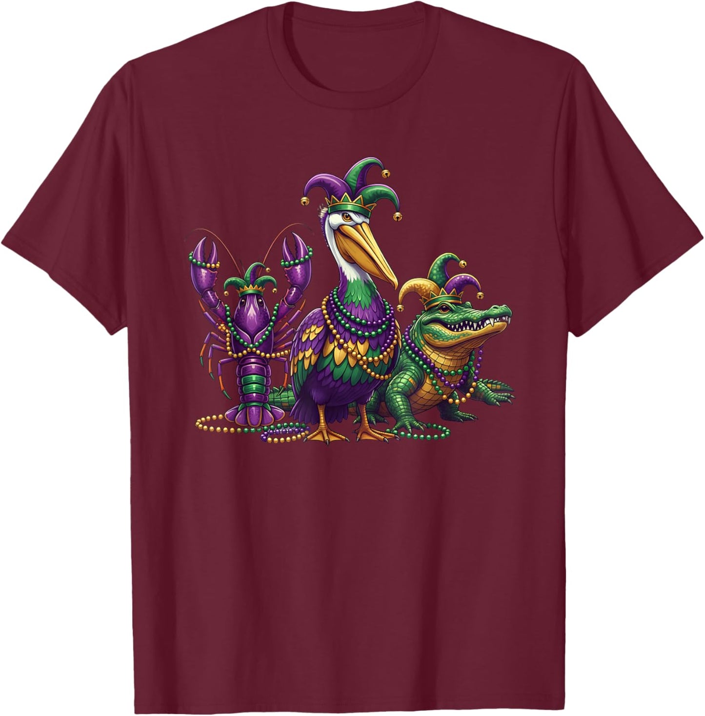 Alligator Crawfish Pelican Mardi Gras New Orleans Louisiana T-Shirt - T-Shirt | Maroon