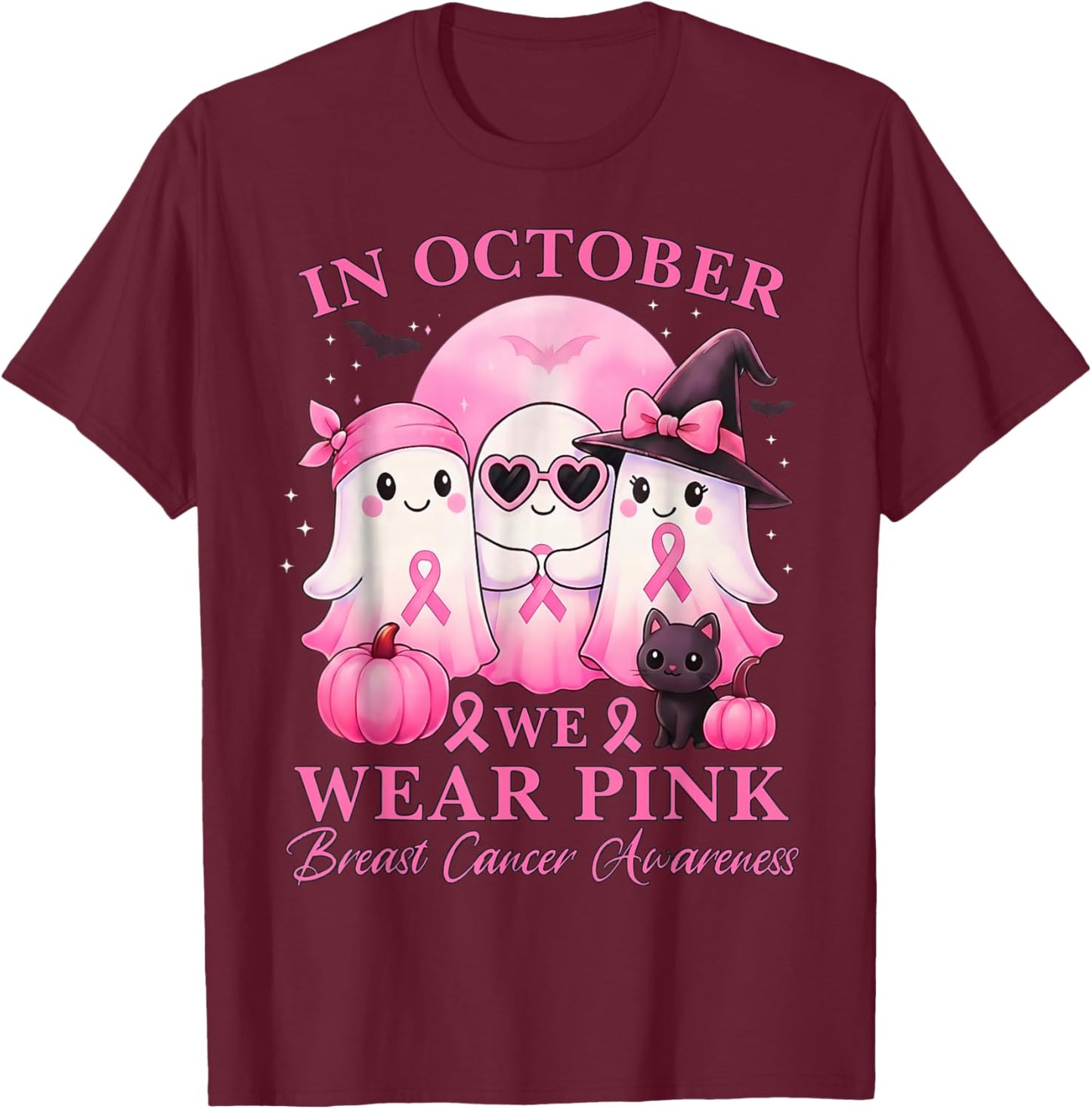 in October We Wear Pink Ghost Squad Breast Cancer Awareness T-Shirt - T-Shirt | Maroon