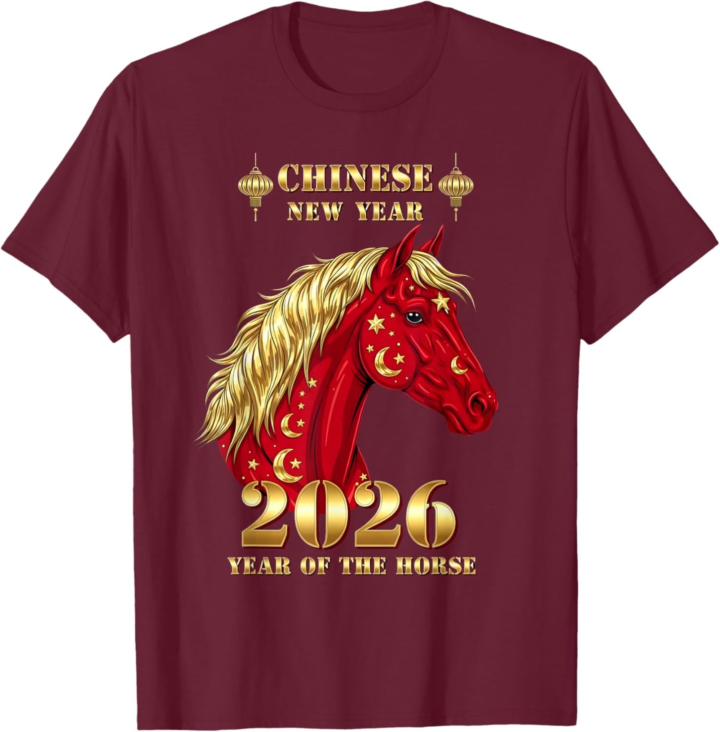 Chinese New Year 2026 Year The Horse Retro Elegant Art Men T-Shirt - T-Shirt | Maroon