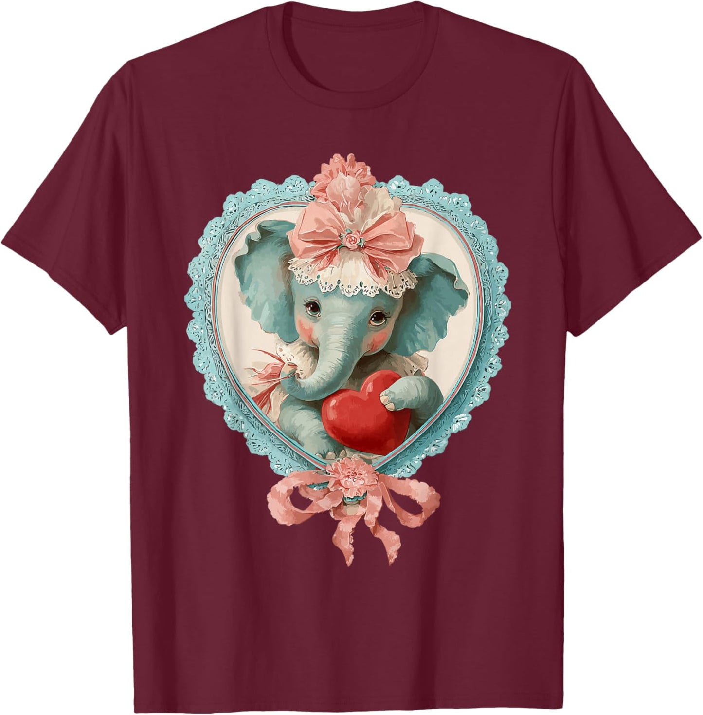 Cute Valentine Elephant with Heart Vintage Animal Coquette T-Shirt - T-Shirt | Maroon