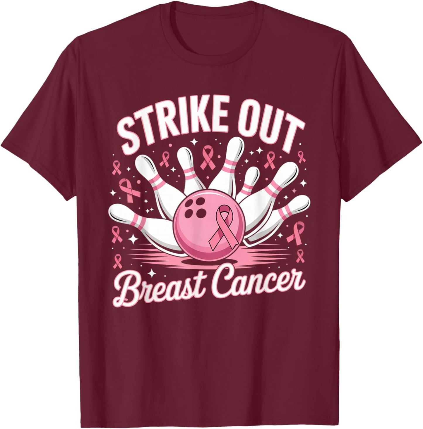 Breast Cancer Awareness - Bowling Strike Out Pink Ribbon T-Shirt - T-Shirt | Maroon