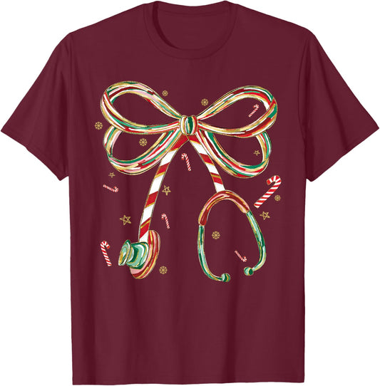 Candy Cane Coquette Bow Stethoscope Nurse Doctor Christmas T-Shirt - T-Shirt | Maroon