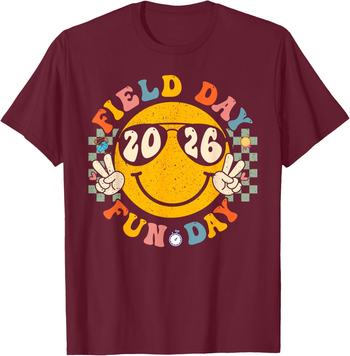 Field Day Fun Day 2026 Groovy Smile Face Checkered Students T-Shirt - T-Shirt | Maroon