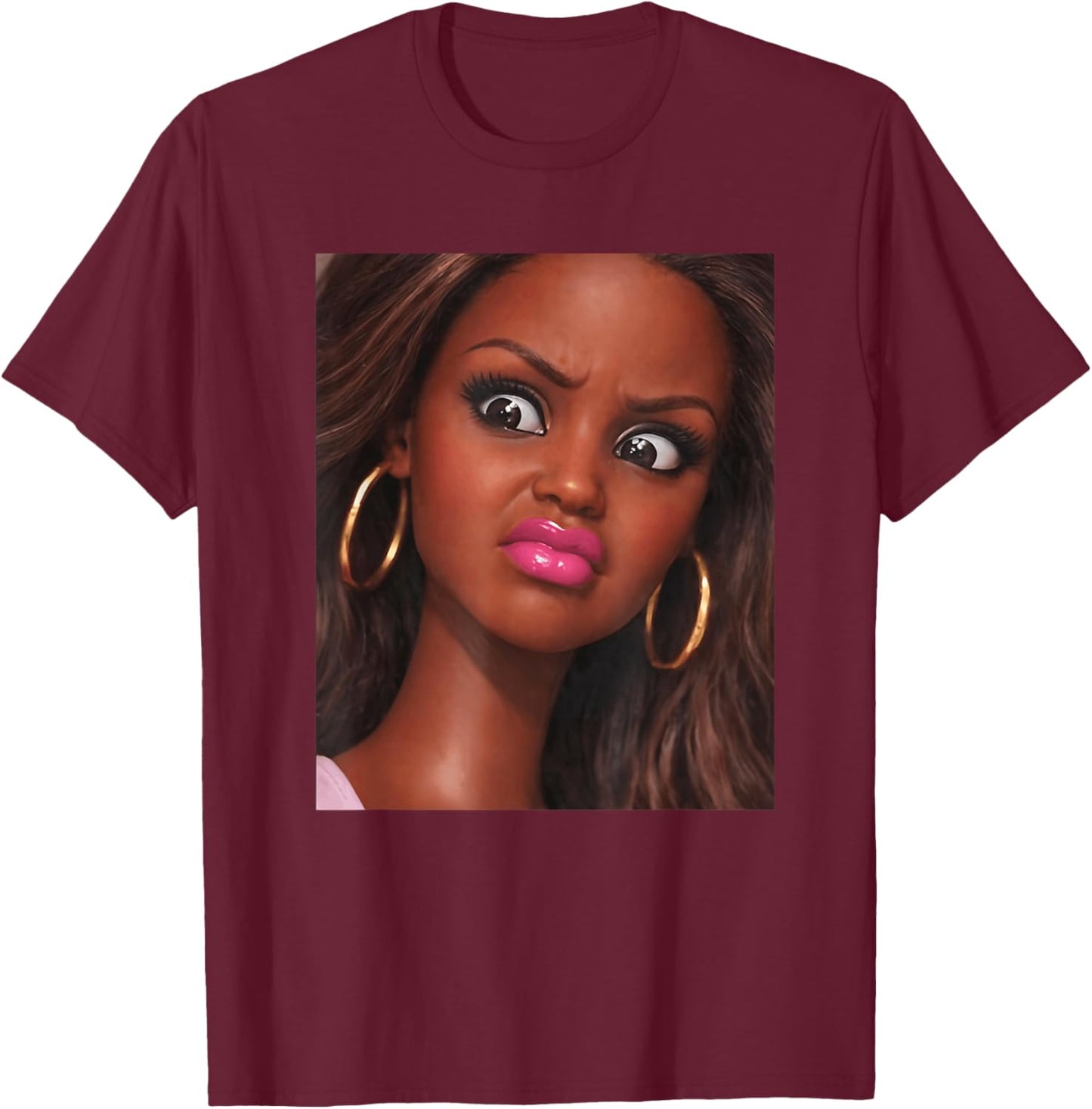 Funny Creepy Doll Face Meme Expression Hilarious Sarcastic T-Shirt - T-Shirt | Maroon