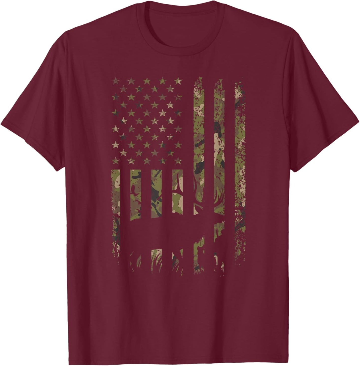 Outdoor Antlers Deer American Flag Camouflage T-Shirt - T-Shirt | Maroon