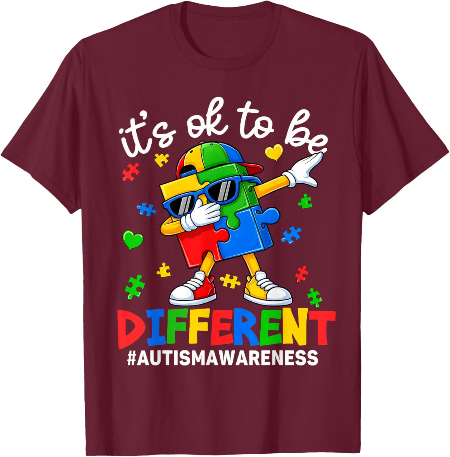 It's OK to Be Different Dabbing Puzzle Autism Awareness Kids T-Shirt - T-Shirt | Maroon