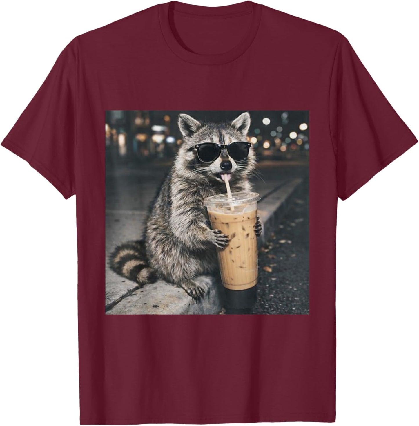 Raccoon Drinking Iced Coffee Funny Animal Meme Men Women T-Shirt - T-Shirt | Maroon