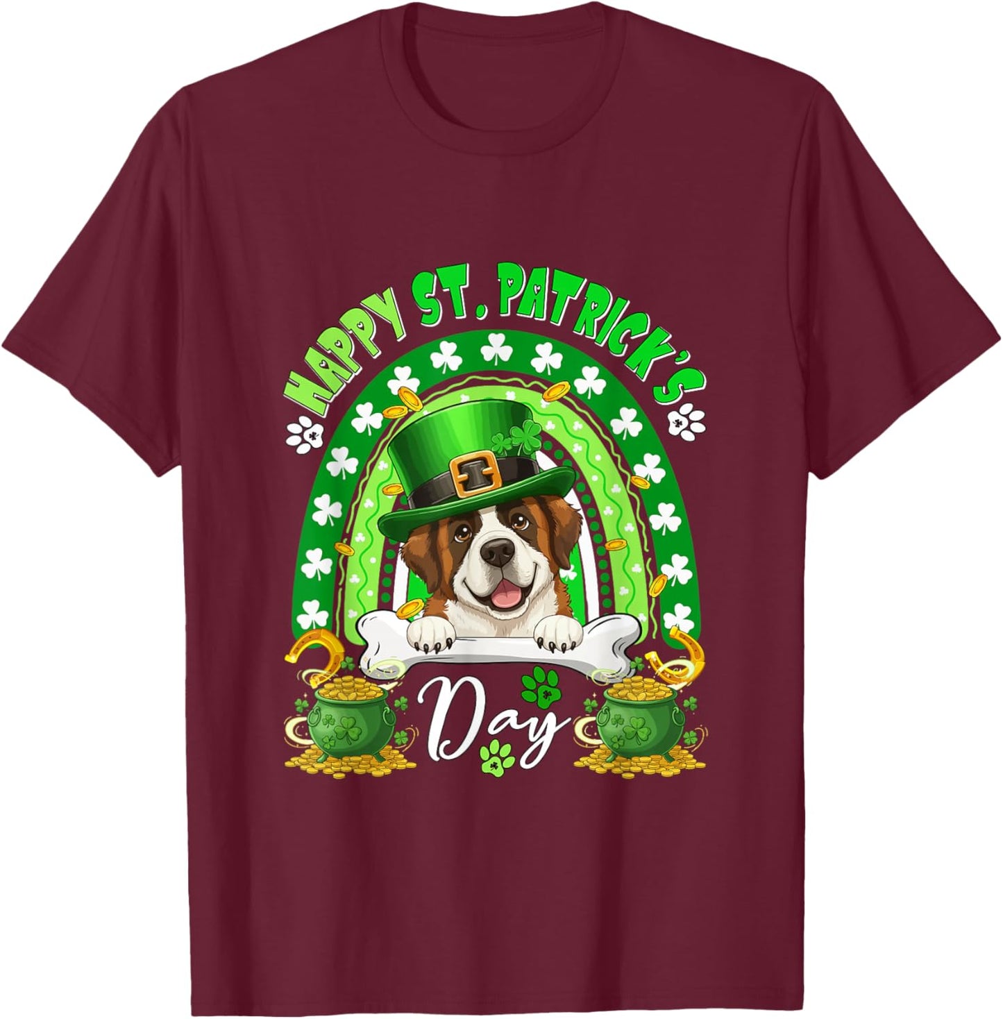 Happy St. Patrick's Day St. Bernard Rainbow Shamrocks Owner T-Shirt - T-Shirt | Maroon