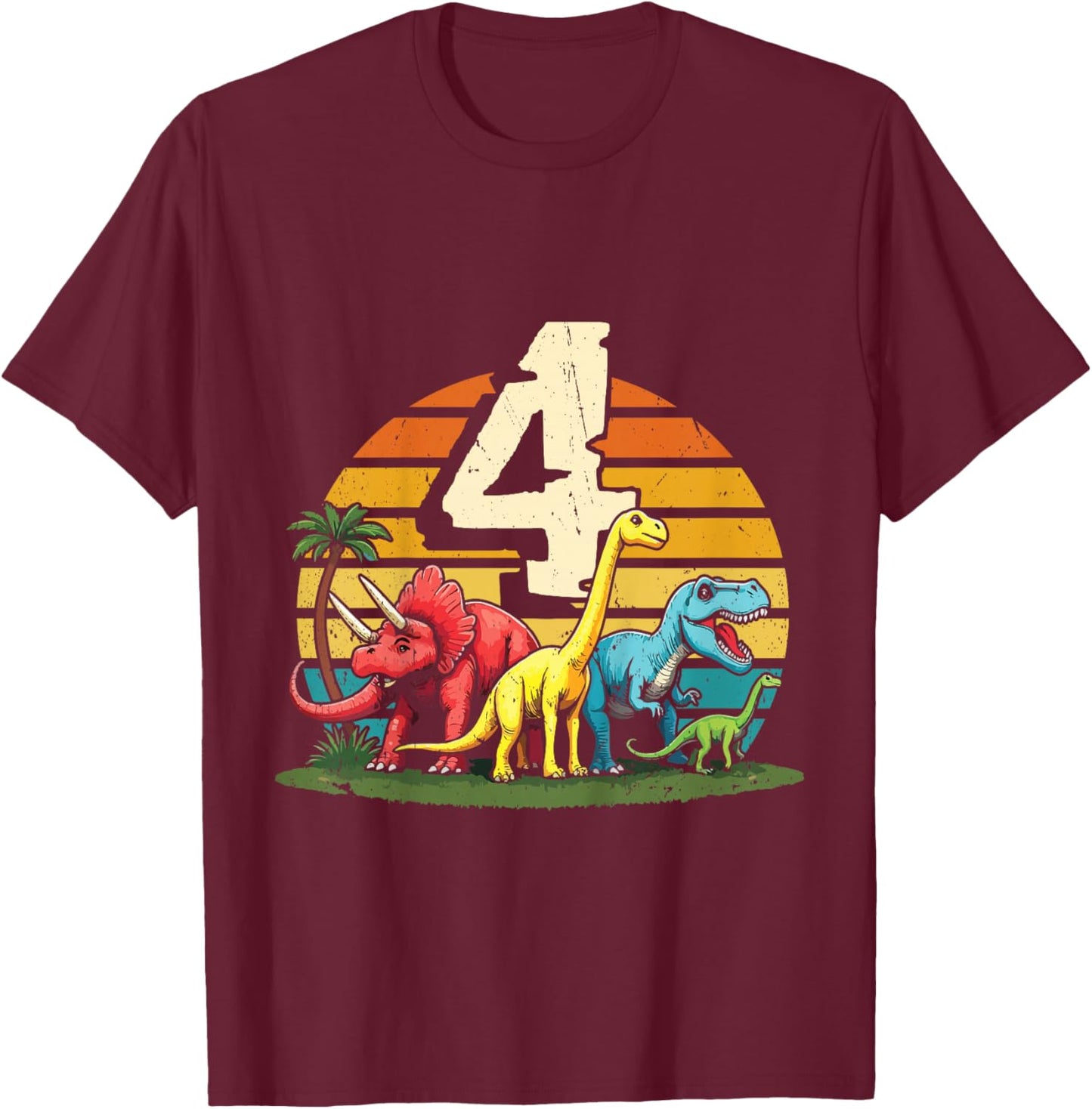 4th Birthday TRex Dinosaur 4 Year Old Boy Girl T-Shirt - T-Shirt | Maroon
