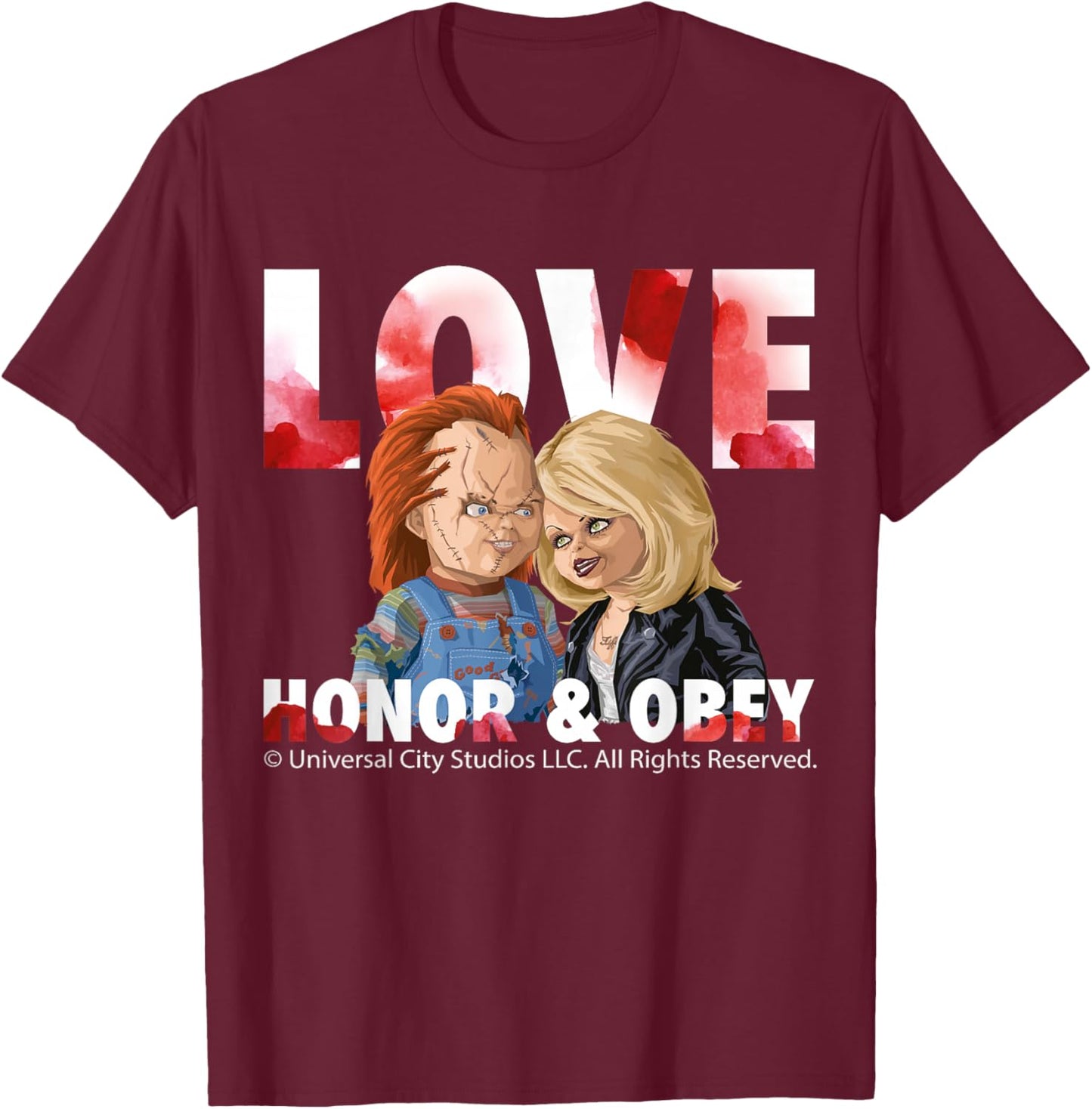 Love Honor and Obey Horror Couple Chucky Tiffany T-Shirt - T-Shirt | Maroon