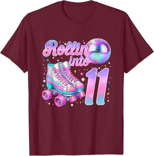 Rollin' Into 11 Roller Skating 11th Birthday Girl Bday Party T-Shirt - T-Shirt | Maroon
