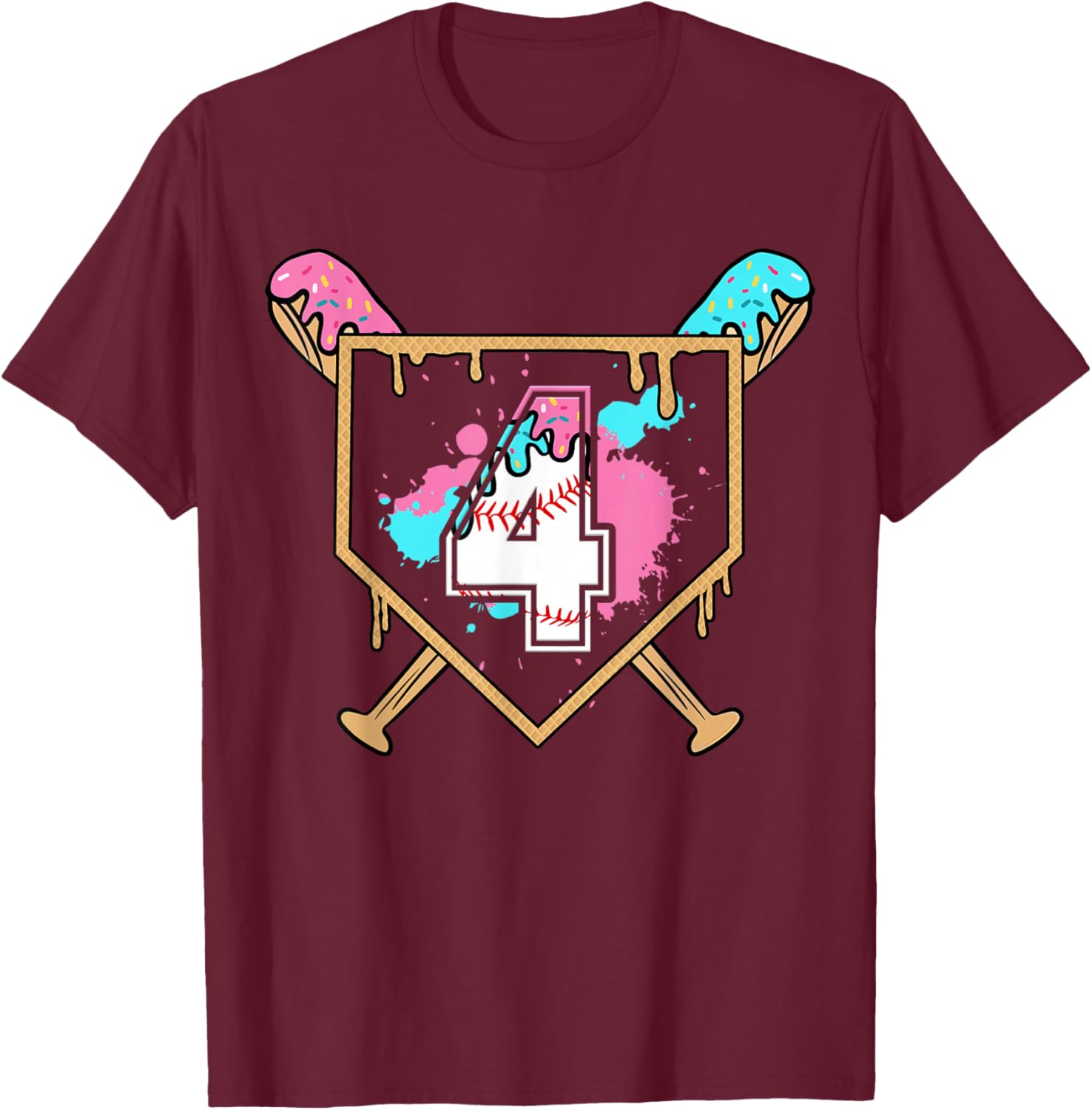 4th Birthday Baseball Bat Ice-Cream Drip 4yrs Old Boys Girls T-Shirt - T-Shirt | Maroon