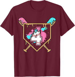 4th Birthday Baseball Bat Ice-Cream Drip 4yrs Old Boys Girls T-Shirt - T-Shirt | Maroon