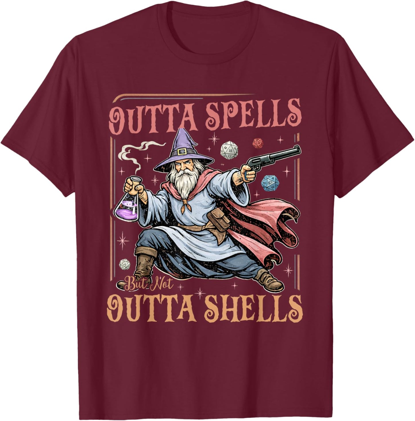 Outta Spells But Not Outta Shells Wizard Fantasy Meme T-Shirt - T-Shirt | Maroon