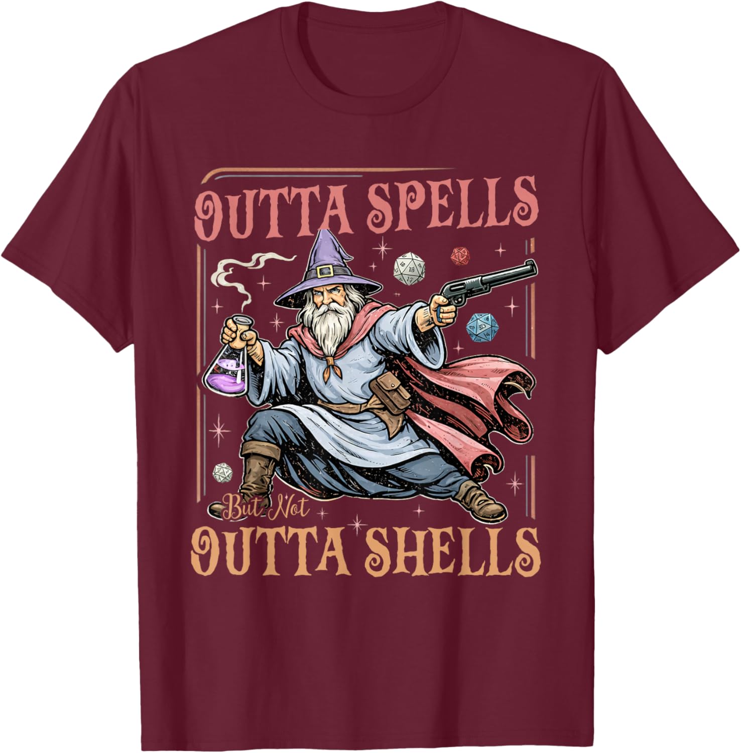 Outta Spells But Not Outta Shells Wizard Fantasy Meme T-Shirt - T-Shirt | Maroon