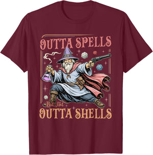 Outta Spells But Not Outta Shells Wizard Fantasy Meme T-Shirt - T-Shirt | Maroon