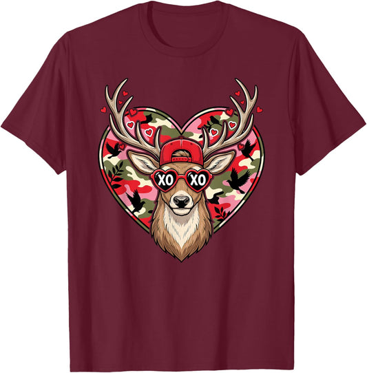 Camo Deer Valentine Love Heart Buck Hunting T-Shirt - T-Shirt | Maroon