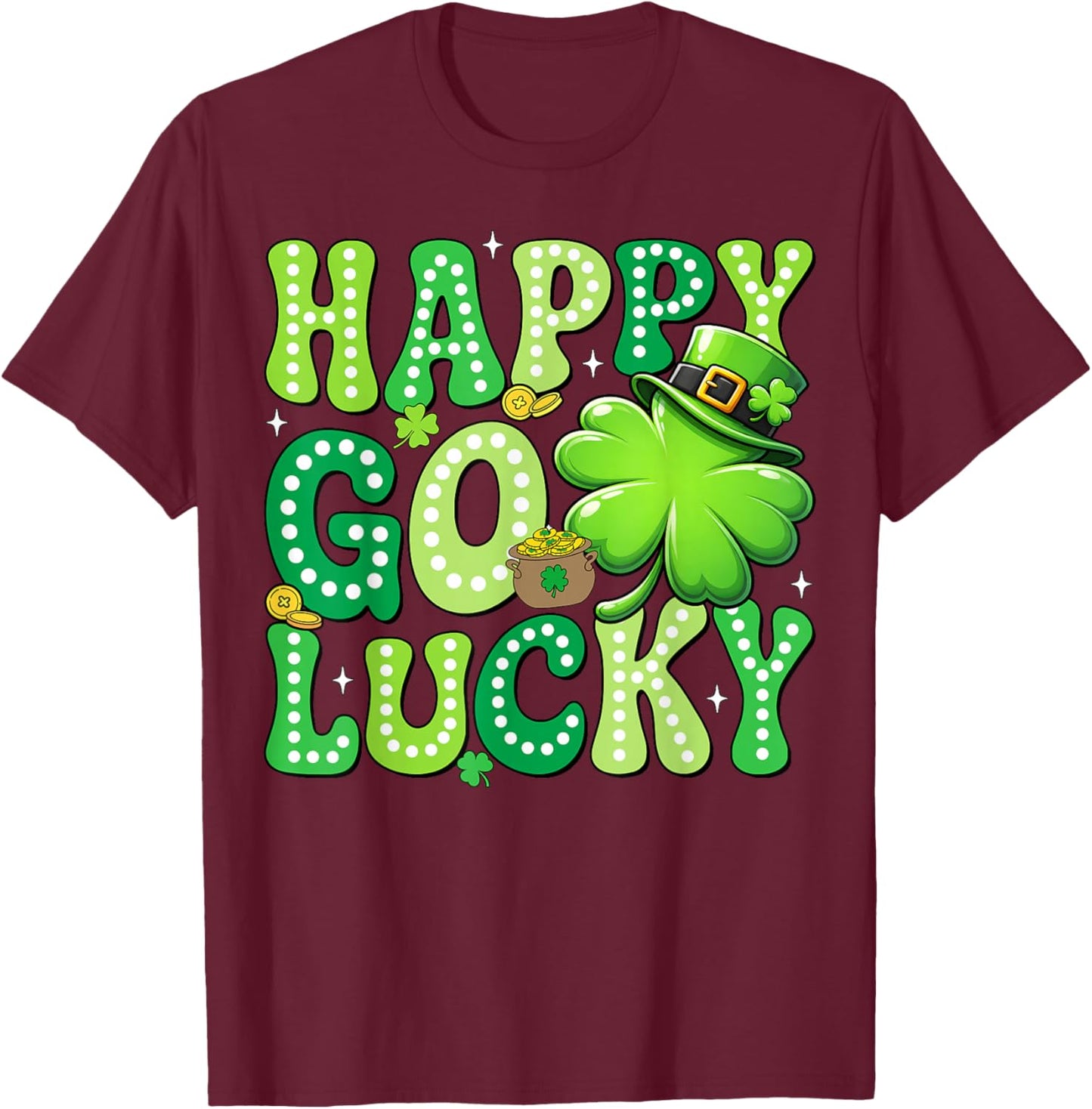 Groovy St Patrick's Day Happy Go Lucky Shamrock Men Women T-Shirt - T-Shirt | Maroon